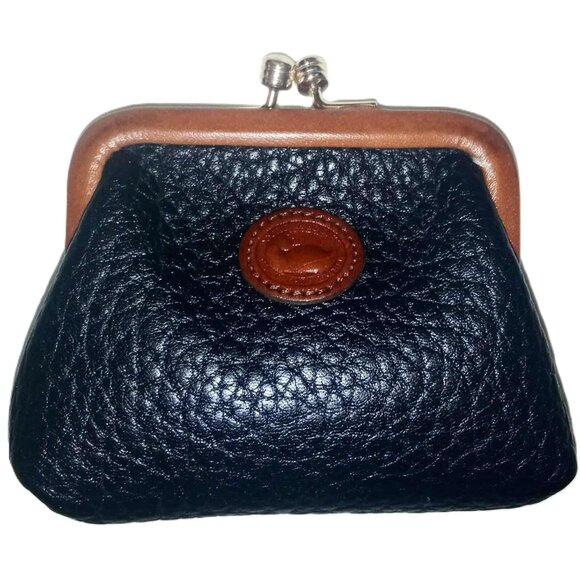 🦆 Vintage Dooney & Bourke Kiss lock Coin Purse in Black & British Tan Leather - Picture 1 of 8